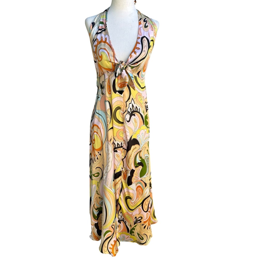Zara Mod Retro 70s Style Boho Resortwear Paisley Halter Backless Midi Dress XS